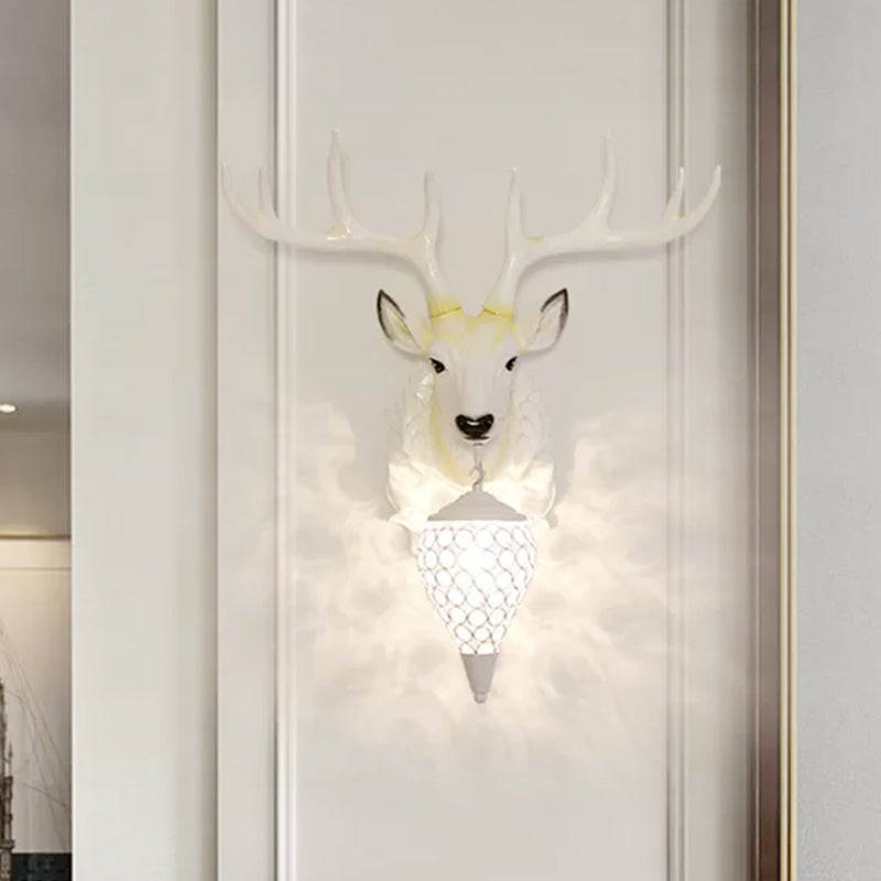 Country Deer Sconce Light Fixture 1 Bulb Resin Wall Mount Lighting in White with Teardrop Crystal Shade White Clearhalo 'Wall Lamps & Sconces' 'Wall Lights' Lighting' 232491