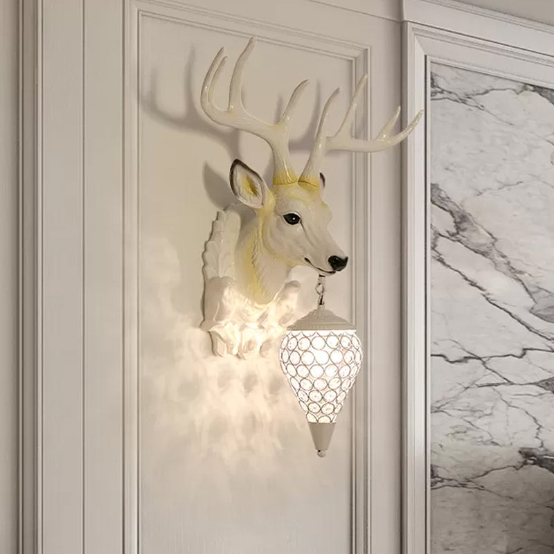 Country Deer Sconce Light Fixture 1 Bulb Resin Wall Mount Lighting in White with Teardrop Crystal Shade Clearhalo 'Wall Lamps & Sconces' 'Wall Lights' Lighting' 232492