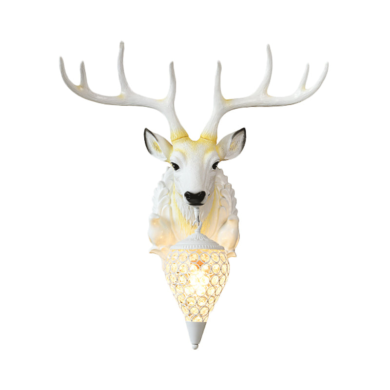 Country Deer Sconce Light Fixture 1 Bulb Resin Wall Mount Lighting in White with Teardrop Crystal Shade Clearhalo 'Wall Lamps & Sconces' 'Wall Lights' Lighting' 232493