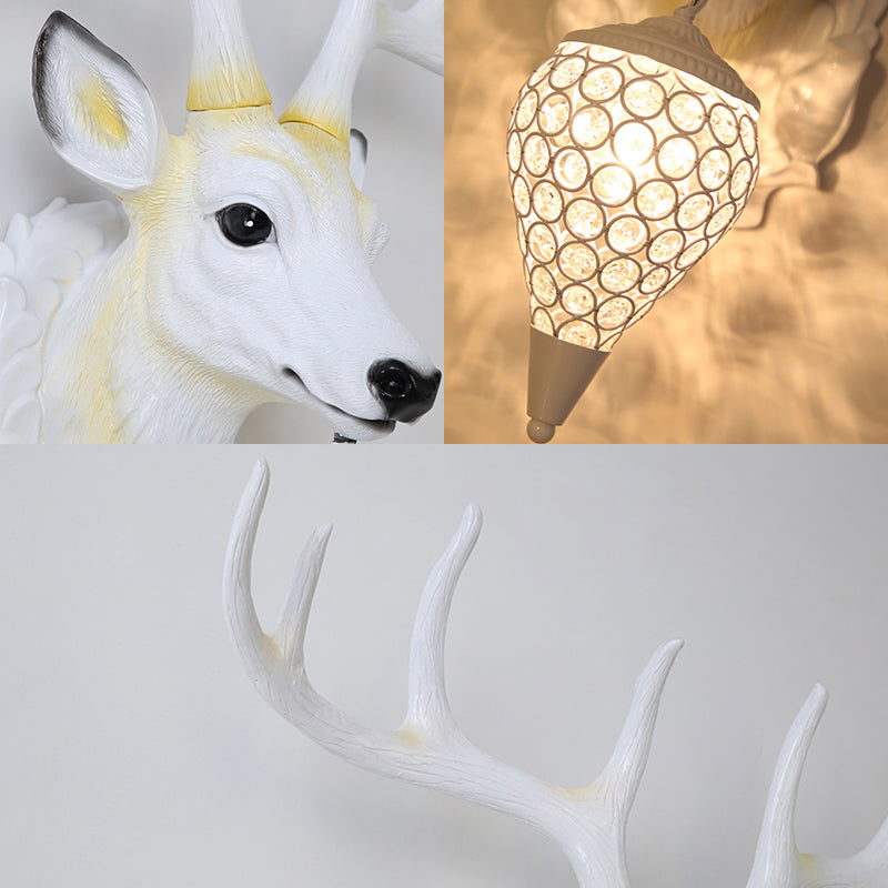 Country Deer Sconce Light Fixture 1 Bulb Resin Wall Mount Lighting in White with Teardrop Crystal Shade Clearhalo 'Wall Lamps & Sconces' 'Wall Lights' Lighting' 232495