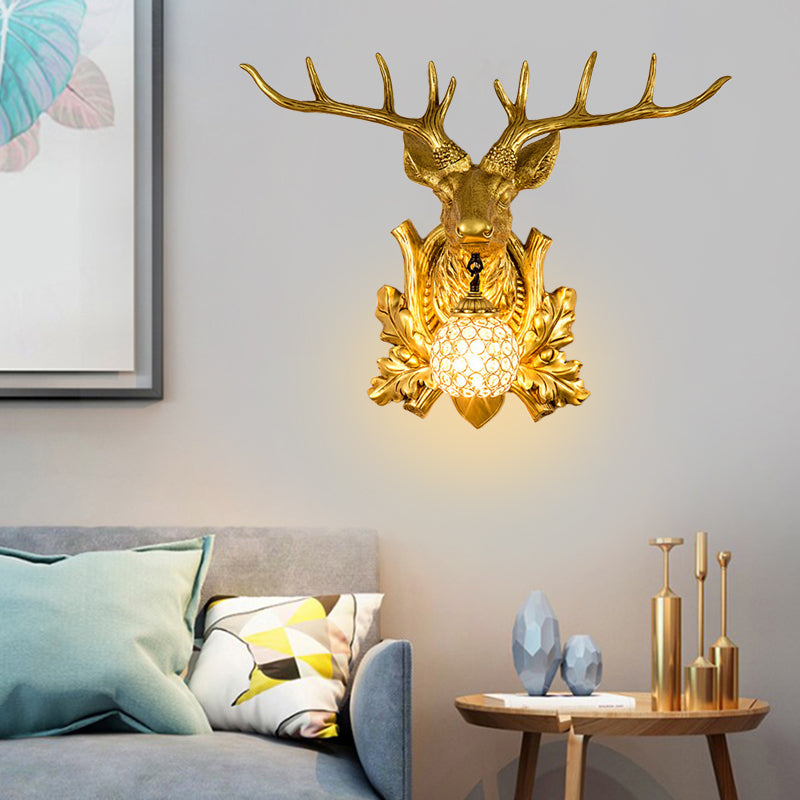 1 Light Wall Lamp Lighting Country Elk Resin Sconce Light Fixture in White/Bronze with Droplet Crystal Shade Bronze Clearhalo 'Wall Lamps & Sconces' 'Wall Lights' Lighting' 232496