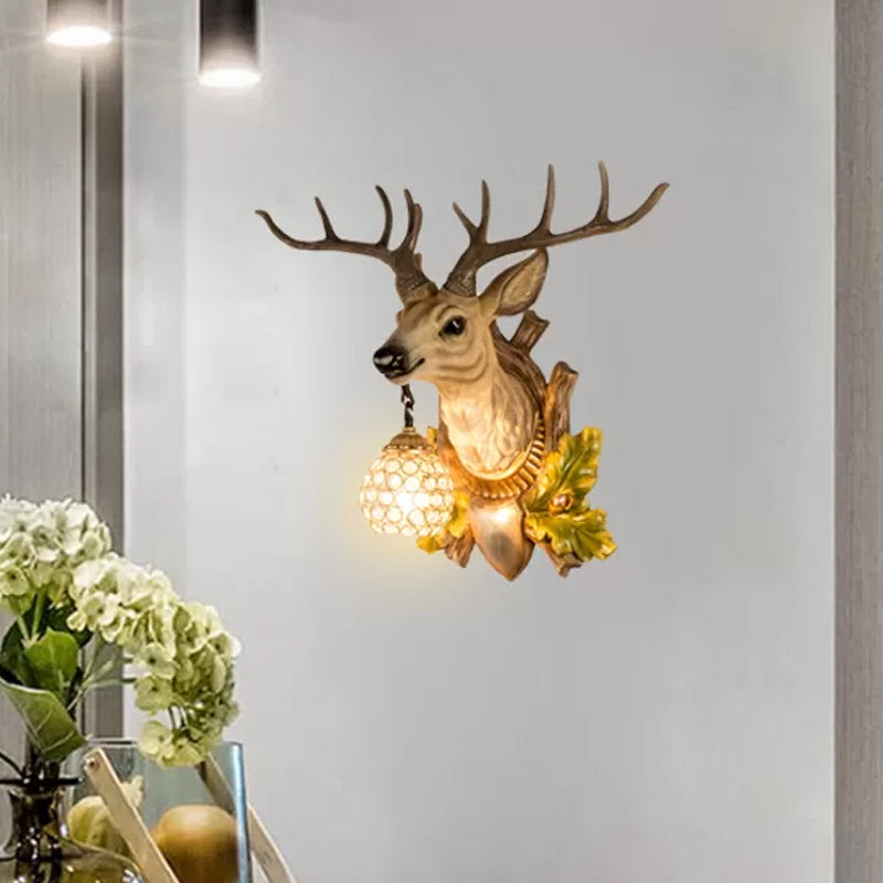 1 Light Elk Sconce Light Vintage Wood Resin Wall Lamp for Living Room with Teardrop Crystal Shade, 27.5"/16" W Wood Clearhalo 'Wall Lamps & Sconces' 'Wall Lights' Lighting' 232504