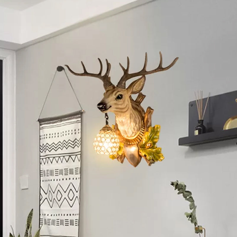 1 Light Elk Sconce Light Vintage Wood Resin Wall Lamp for Living Room with Teardrop Crystal Shade, 27.5"/16" W Clearhalo 'Wall Lamps & Sconces' 'Wall Lights' Lighting' 232506