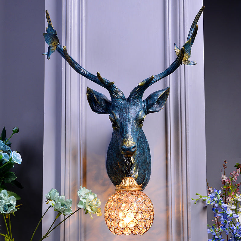 Deer Head Resin Sconce Light Vintage Single Bulb Indoor Wall Mounted Lamp in Blue/White/Wood with Globe Crystal Shade Blue Clearhalo 'Wall Lamps & Sconces' 'Wall Lights' Lighting' 232510