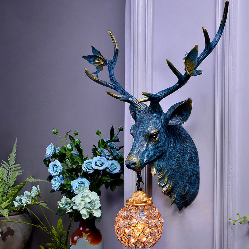 Deer Head Resin Sconce Light Vintage Single Bulb Indoor Wall Mounted Lamp in Blue/White/Wood with Globe Crystal Shade Clearhalo 'Wall Lamps & Sconces' 'Wall Lights' Lighting' 232511