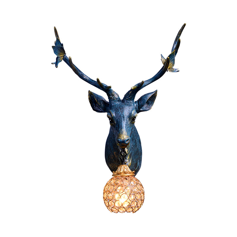 Deer Head Resin Sconce Light Vintage Single Bulb Indoor Wall Mounted Lamp in Blue/White/Wood with Globe Crystal Shade Clearhalo 'Wall Lamps & Sconces' 'Wall Lights' Lighting' 232512