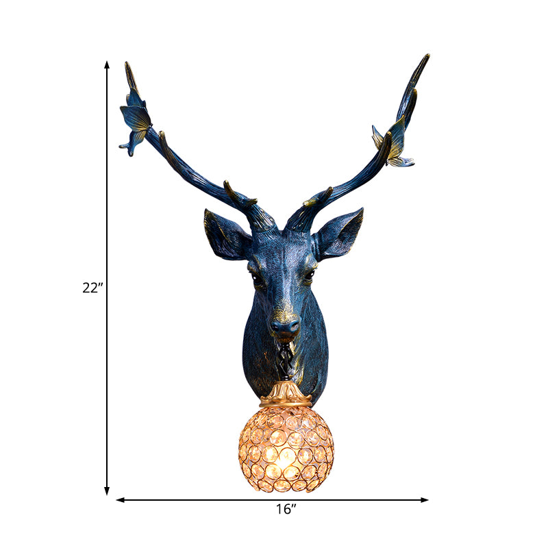 Deer Head Resin Sconce Light Vintage Single Bulb Indoor Wall Mounted Lamp in Blue/White/Wood with Globe Crystal Shade Clearhalo 'Wall Lamps & Sconces' 'Wall Lights' Lighting' 232513