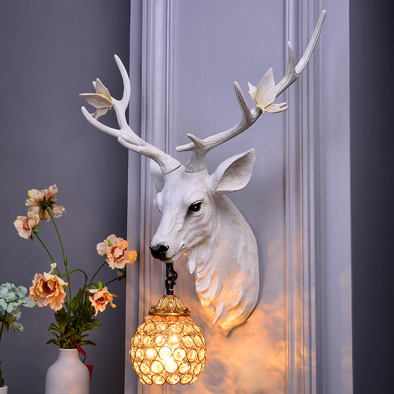 Deer Head Resin Sconce Light Vintage Single Bulb Indoor Wall Mounted Lamp in Blue/White/Wood with Globe Crystal Shade White Clearhalo 'Wall Lamps & Sconces' 'Wall Lights' Lighting' 232514