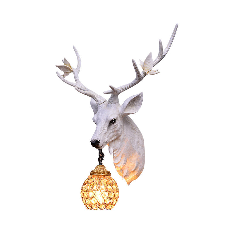 Deer Head Resin Sconce Light Vintage Single Bulb Indoor Wall Mounted Lamp in Blue/White/Wood with Globe Crystal Shade Clearhalo 'Wall Lamps & Sconces' 'Wall Lights' Lighting' 232516