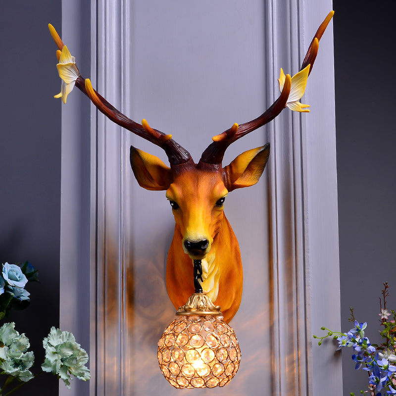 Deer Head Resin Sconce Light Vintage Single Bulb Indoor Wall Mounted Lamp in Blue/White/Wood with Globe Crystal Shade Clearhalo 'Wall Lamps & Sconces' 'Wall Lights' Lighting' 232518