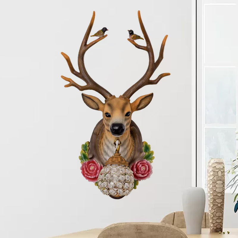 Resin Grey/Bronze/Gold Sconce Elk 1-Light Traditional Wall Mounted Lighting for Living Room with Orb Crystal Shade Wood Clearhalo 'Wall Lamps & Sconces' 'Wall Lights' Lighting' 232520