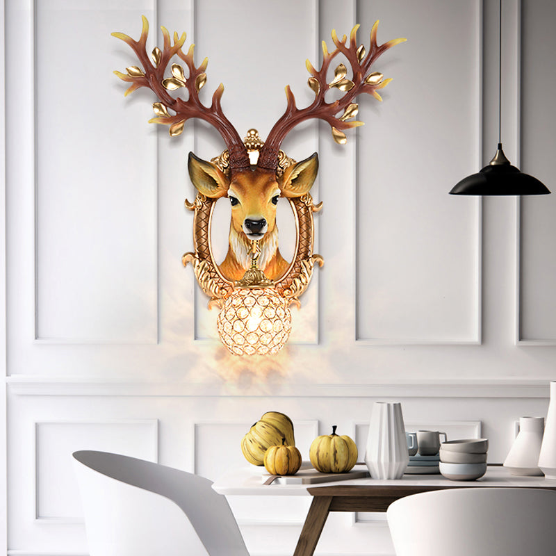 20"/24" W 1 Light Resin Wall Lamp Classical Style Silver/White/Gold Deer Head Shaped Living Room Sconce Light with Globe Crystal Shade Gold Clearhalo 'Wall Lamps & Sconces' 'Wall Lights' Lighting' 232533