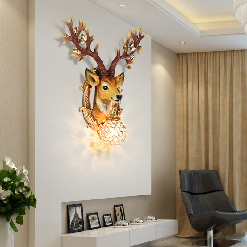 20"/24" W 1 Light Resin Wall Lamp Classical Style Silver/White/Gold Deer Head Shaped Living Room Sconce Light with Globe Crystal Shade Clearhalo 'Wall Lamps & Sconces' 'Wall Lights' Lighting' 232534