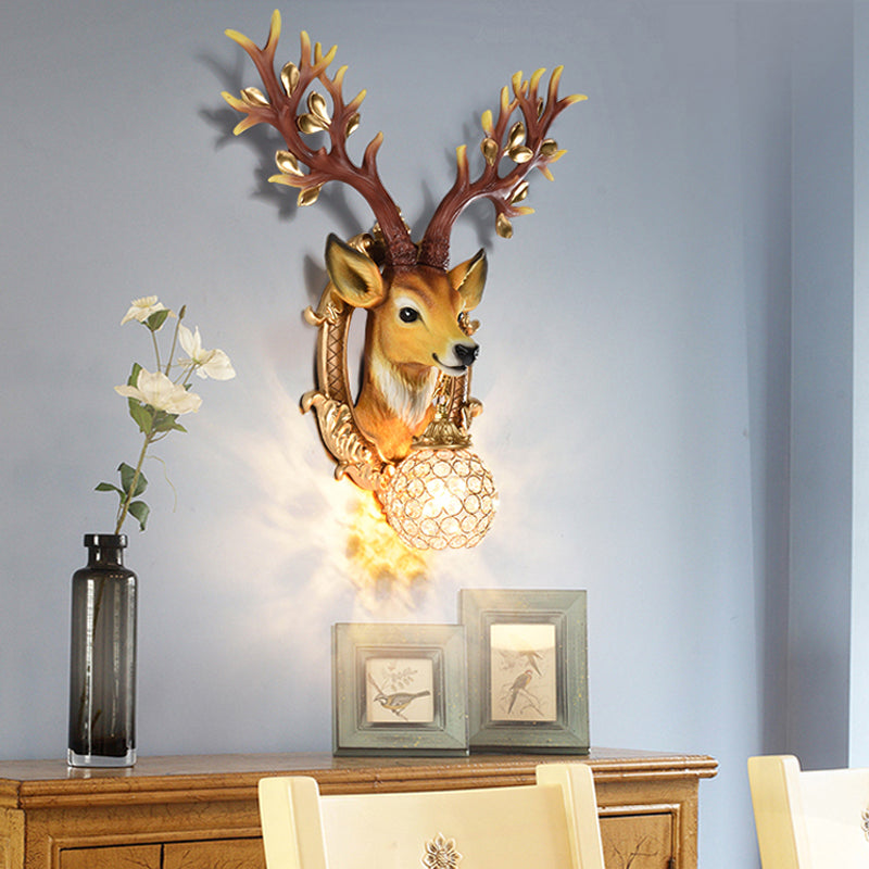 20"/24" W 1 Light Resin Wall Lamp Classical Style Silver/White/Gold Deer Head Shaped Living Room Sconce Light with Globe Crystal Shade Clearhalo 'Wall Lamps & Sconces' 'Wall Lights' Lighting' 232536