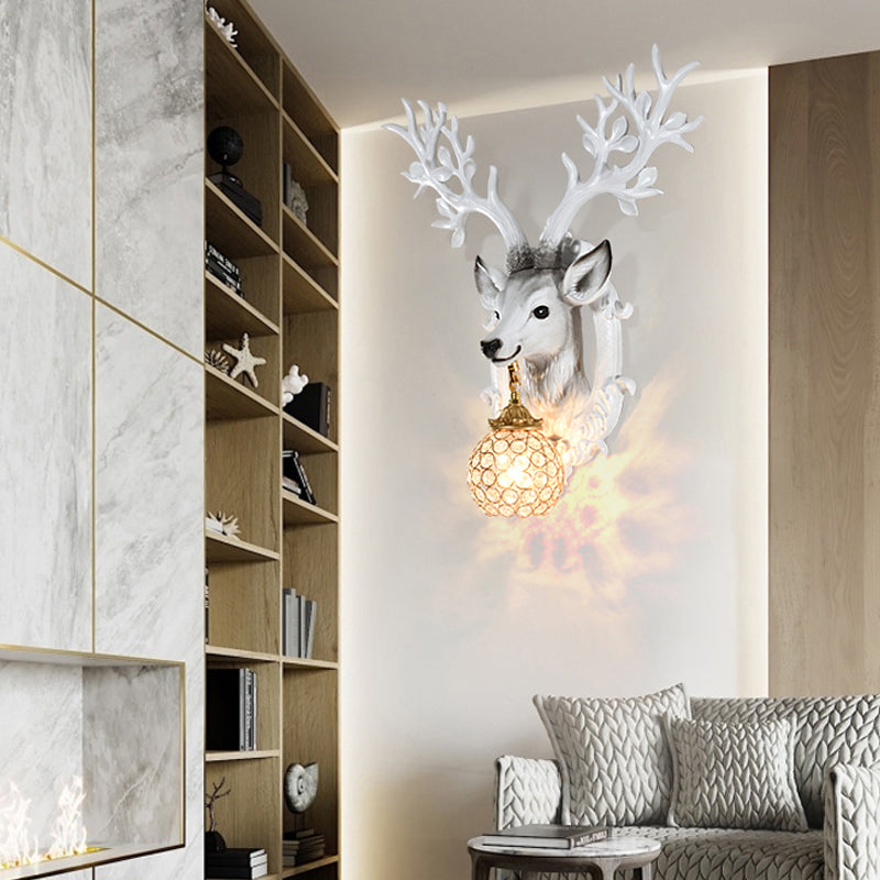 20"/24" W 1 Light Resin Wall Lamp Classical Style Silver/White/Gold Deer Head Shaped Living Room Sconce Light with Globe Crystal Shade White Clearhalo 'Wall Lamps & Sconces' 'Wall Lights' Lighting' 232537