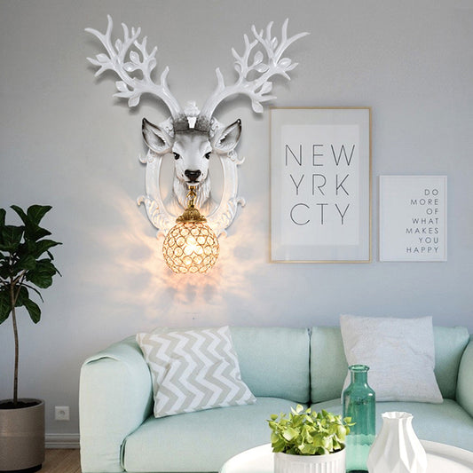 20"/24" W 1 Light Resin Wall Lamp Classical Style Silver/White/Gold Deer Head Shaped Living Room Sconce Light with Globe Crystal Shade Clearhalo 'Wall Lamps & Sconces' 'Wall Lights' Lighting' 232538