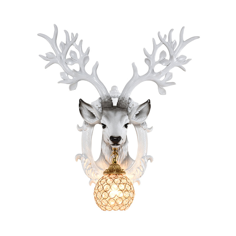 20"/24" W 1 Light Resin Wall Lamp Classical Style Silver/White/Gold Deer Head Shaped Living Room Sconce Light with Globe Crystal Shade Clearhalo 'Wall Lamps & Sconces' 'Wall Lights' Lighting' 232539