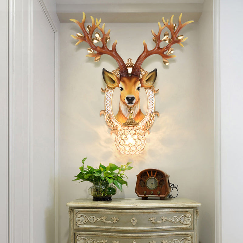 20"/24" W 1 Light Resin Wall Lamp Classical Style Silver/White/Gold Deer Head Shaped Living Room Sconce Light with Globe Crystal Shade Silver Clearhalo 'Wall Lamps & Sconces' 'Wall Lights' Lighting' 232540