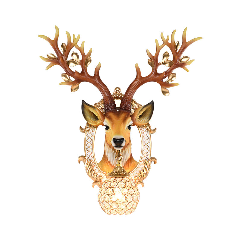 20"/24" W 1 Light Resin Wall Lamp Classical Style Silver/White/Gold Deer Head Shaped Living Room Sconce Light with Globe Crystal Shade Clearhalo 'Wall Lamps & Sconces' 'Wall Lights' Lighting' 232542