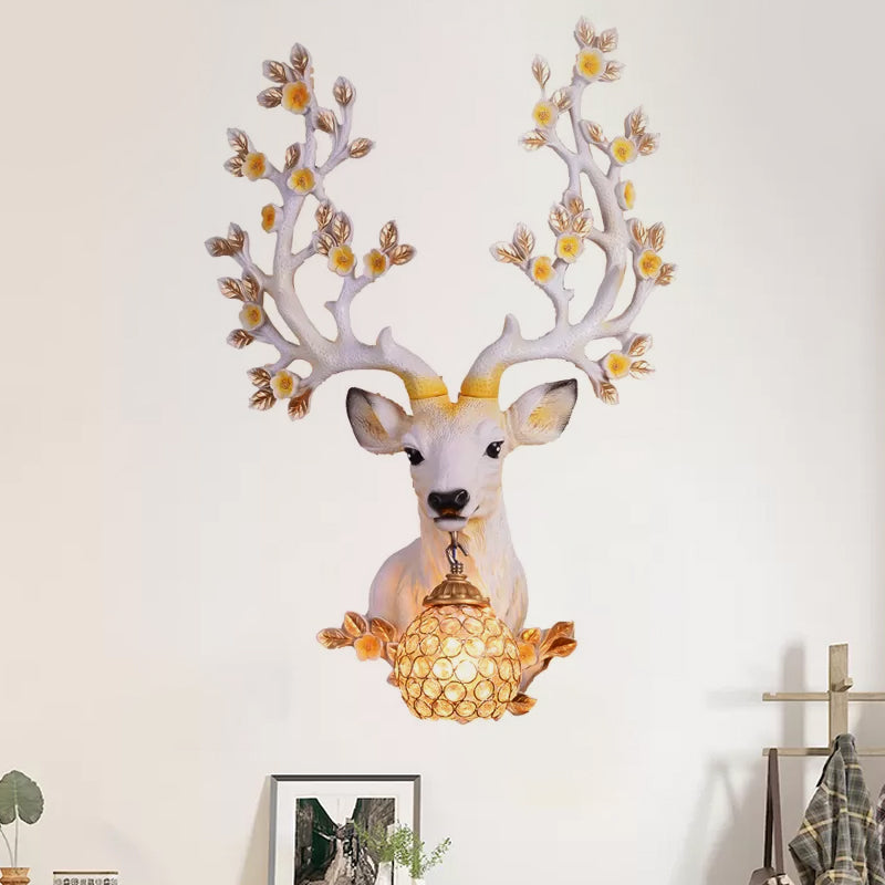 Globe Living Room Wall Light Fixture Classic Crystal 1 Light White/Tan Sconce Lamp with Deer Resin Backplate White Clearhalo 'Wall Lamps & Sconces' 'Wall Lights' Lighting' 232561