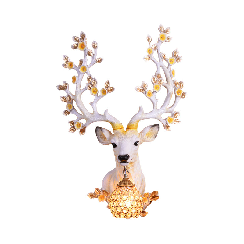 Globe Living Room Wall Light Fixture Classic Crystal 1 Light White/Tan Sconce Lamp with Deer Resin Backplate Clearhalo 'Wall Lamps & Sconces' 'Wall Lights' Lighting' 232563