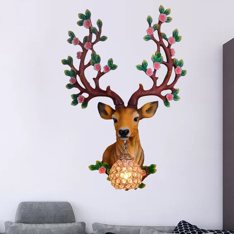 Globe Living Room Wall Light Fixture Classic Crystal 1 Light White/Tan Sconce Lamp with Deer Resin Backplate Tan Clearhalo 'Wall Lamps & Sconces' 'Wall Lights' Lighting' 232564