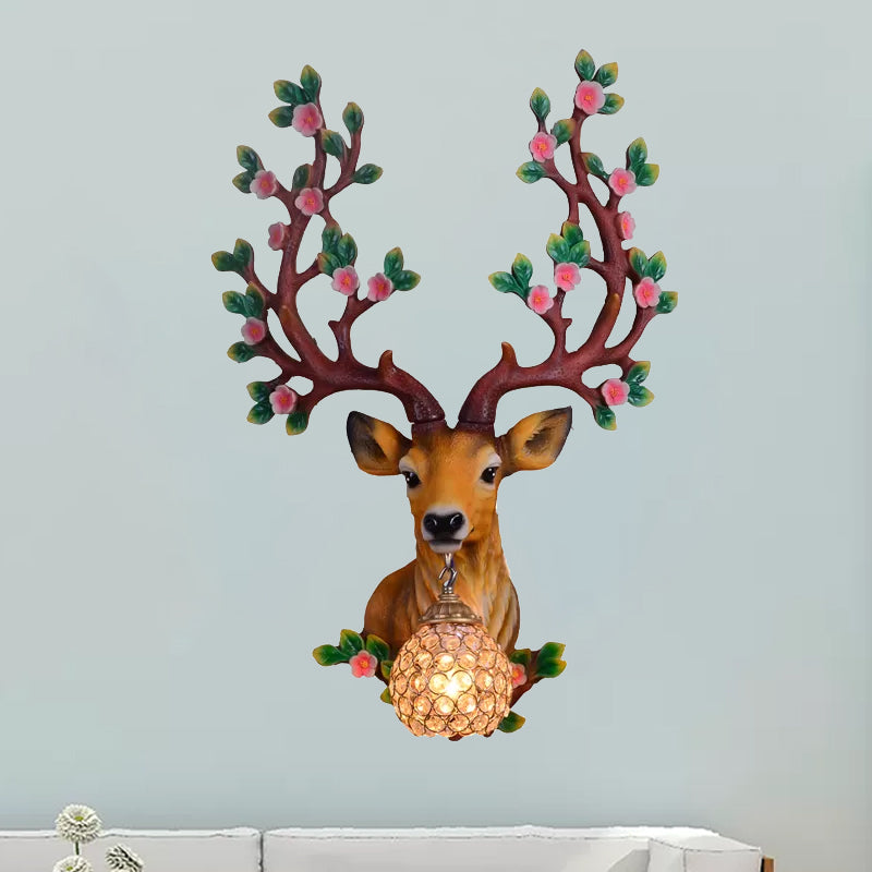 Globe Living Room Wall Light Fixture Classic Crystal 1 Light White/Tan Sconce Lamp with Deer Resin Backplate Clearhalo 'Wall Lamps & Sconces' 'Wall Lights' Lighting' 232565