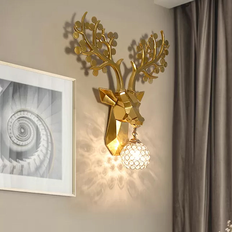 Orb Bedroom Wall Lamp Country Crystal 1 Light White/Gold Sconce Light Fixture with Elk Resin Backplate Gold Clearhalo 'Wall Lamps & Sconces' 'Wall Lights' Lighting' 232568