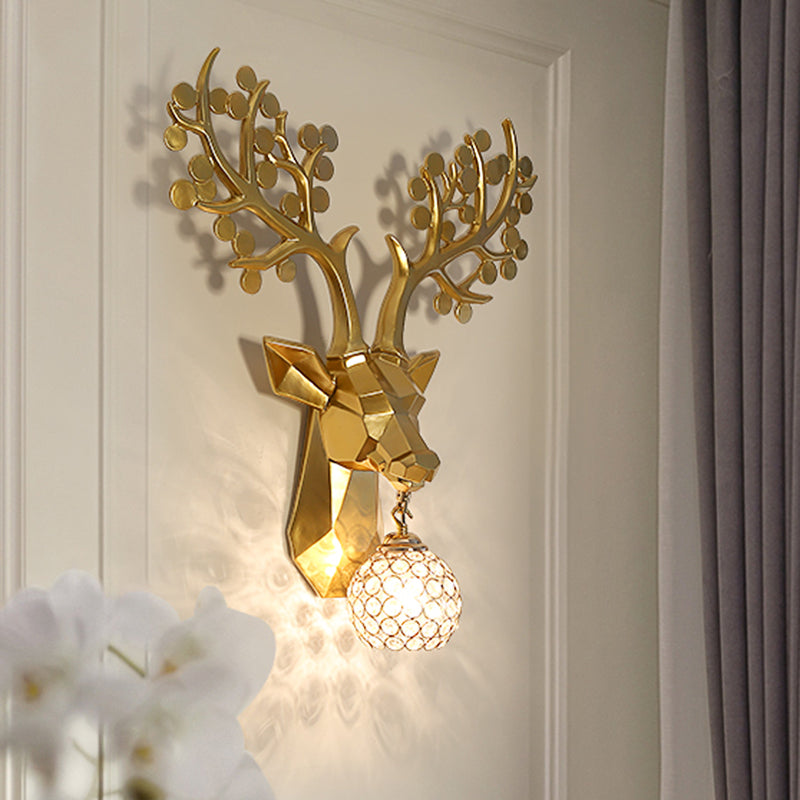 Orb Bedroom Wall Lamp Country Crystal 1 Light White/Gold Sconce Light Fixture with Elk Resin Backplate Clearhalo 'Wall Lamps & Sconces' 'Wall Lights' Lighting' 232569