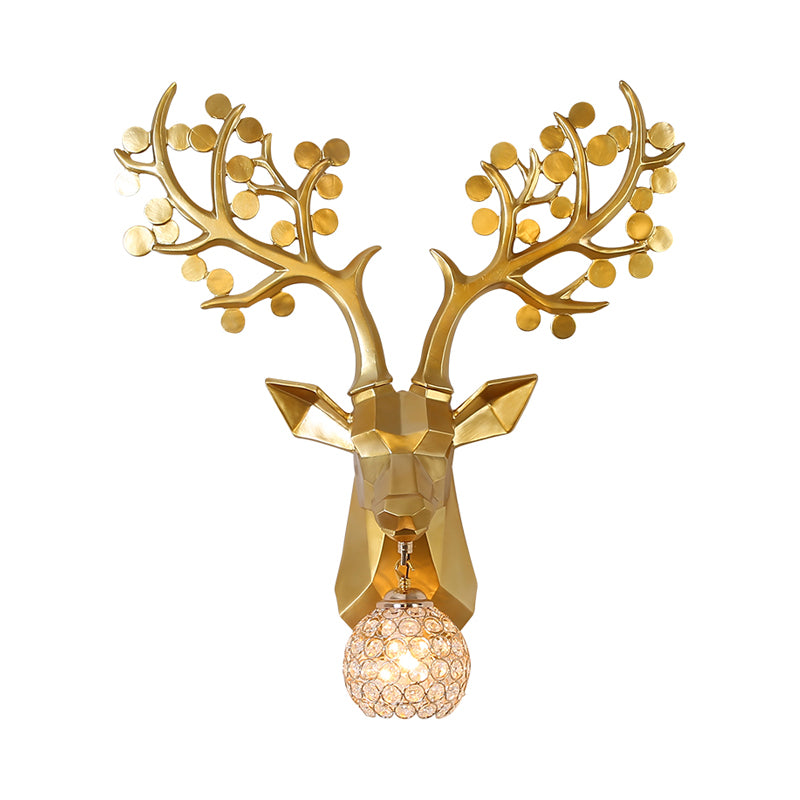 Orb Bedroom Wall Lamp Country Crystal 1 Light White/Gold Sconce Light Fixture with Elk Resin Backplate Clearhalo 'Wall Lamps & Sconces' 'Wall Lights' Lighting' 232570