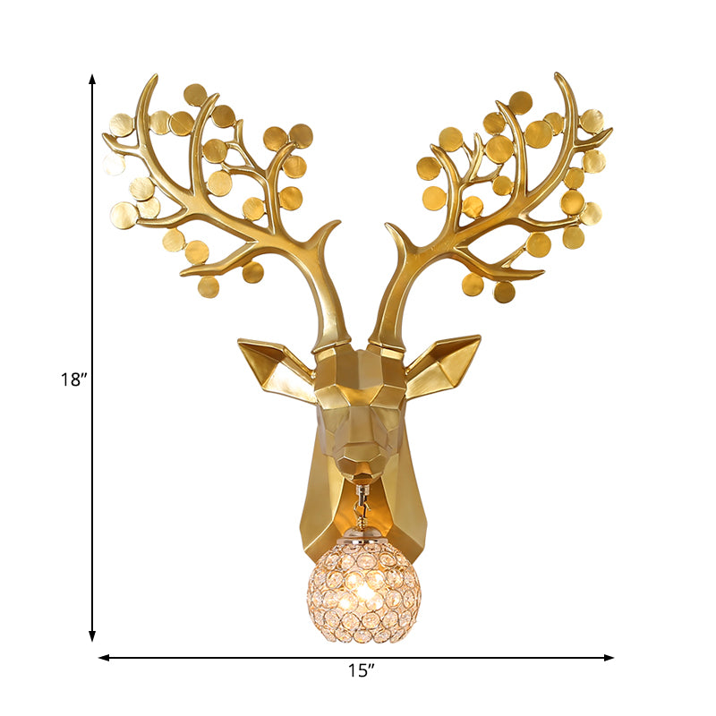 Orb Bedroom Wall Lamp Country Crystal 1 Light White/Gold Sconce Light Fixture with Elk Resin Backplate Clearhalo 'Wall Lamps & Sconces' 'Wall Lights' Lighting' 232571