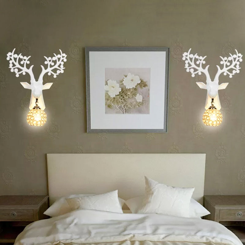 Orb Bedroom Wall Lamp Country Crystal 1 Light White/Gold Sconce Light Fixture with Elk Resin Backplate White Clearhalo 'Wall Lamps & Sconces' 'Wall Lights' Lighting' 232572