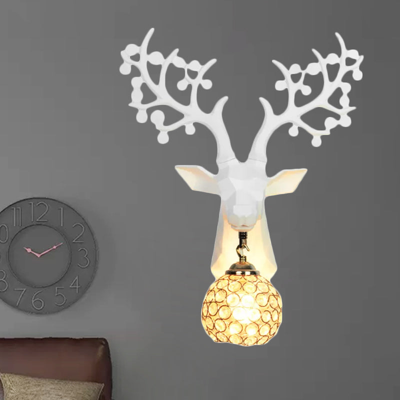 Orb Bedroom Wall Lamp Country Crystal 1 Light White/Gold Sconce Light Fixture with Elk Resin Backplate Clearhalo 'Wall Lamps & Sconces' 'Wall Lights' Lighting' 232573