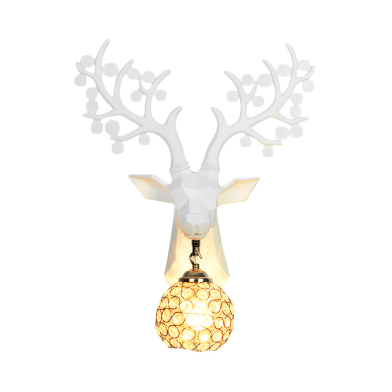 Orb Bedroom Wall Lamp Country Crystal 1 Light White/Gold Sconce Light Fixture with Elk Resin Backplate Clearhalo 'Wall Lamps & Sconces' 'Wall Lights' Lighting' 232574