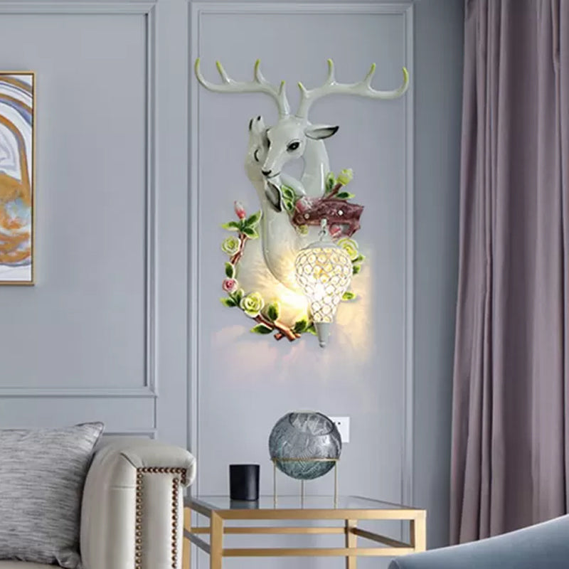 White/Gold 1 Light Wall Lighting Vintage Resin Deer Head Sconce Lamp with Droplet Crystal Shade White Clearhalo 'Wall Lamps & Sconces' 'Wall Lights' Lighting' 232579