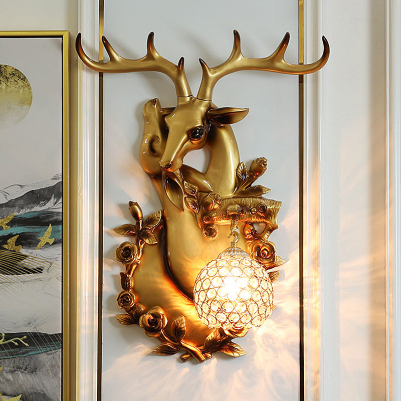 White/Gold 1 Light Wall Lighting Vintage Resin Deer Head Sconce Lamp with Droplet Crystal Shade Gold Clearhalo 'Wall Lamps & Sconces' 'Wall Lights' Lighting' 232584