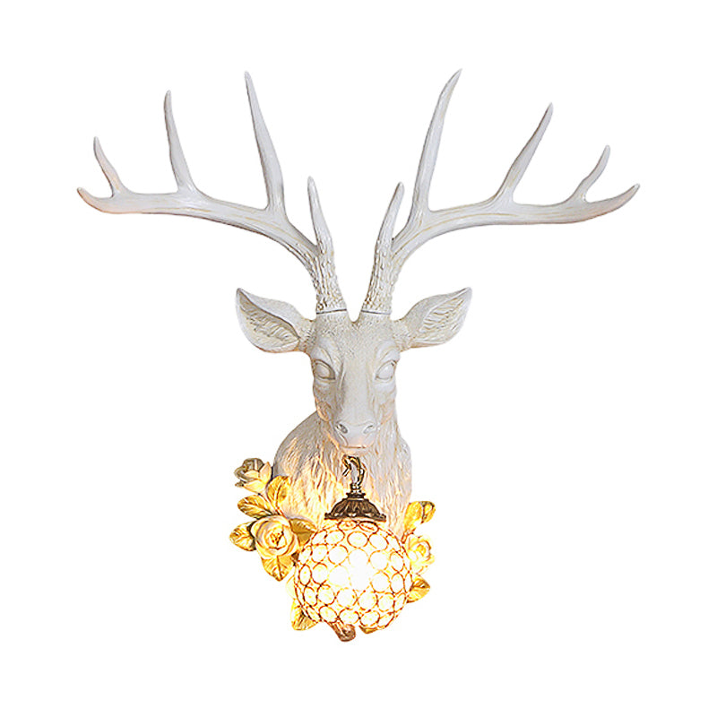 Crystal Globe Sconce Light Traditional 1 Light Living Room Wall Mounted Lamp in White/Gold with Deer Resin Deco Clearhalo 'Wall Lamps & Sconces' 'Wall Lights' Lighting' 232589