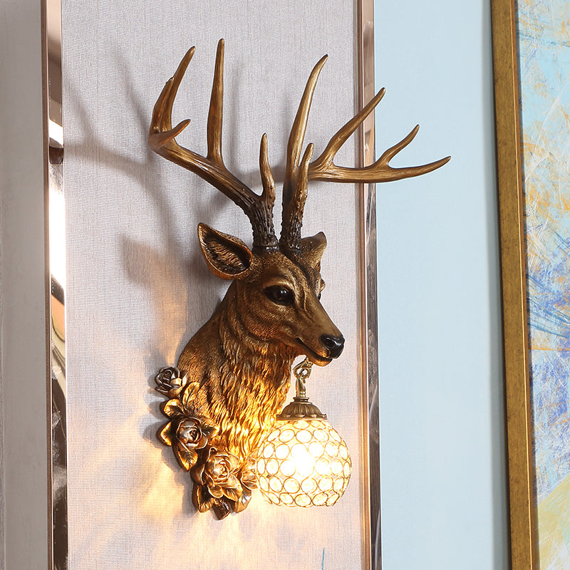 Crystal Globe Sconce Light Traditional 1 Light Living Room Wall Mounted Lamp in White/Gold with Deer Resin Deco Gold Clearhalo 'Wall Lamps & Sconces' 'Wall Lights' Lighting' 232590