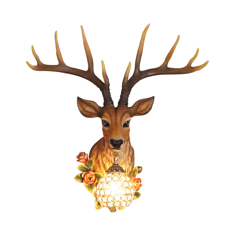 Crystal Globe Sconce Light Traditional 1 Light Living Room Wall Mounted Lamp in White/Gold with Deer Resin Deco Clearhalo 'Wall Lamps & Sconces' 'Wall Lights' Lighting' 232592