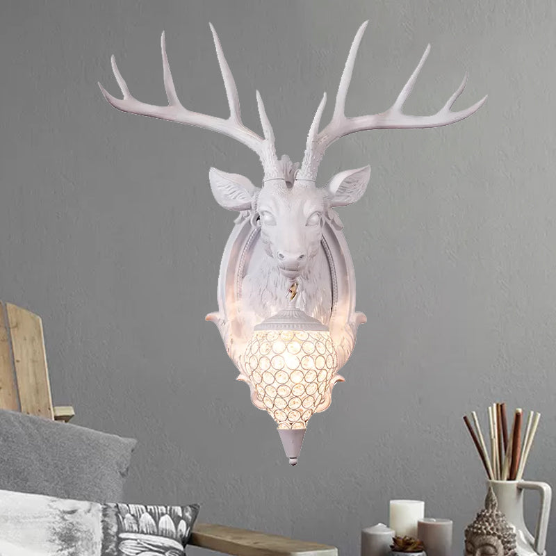 White/Beige/Yellow Deer Wall Lighting Rustic Resin 1 Light Living Room Sconce Lamp with Droplet Crystal Shade White Clearhalo 'Wall Lamps & Sconces' 'Wall Lights' Lighting' 232601