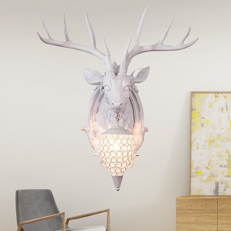 White/Beige/Yellow Deer Wall Lighting Rustic Resin 1 Light Living Room Sconce Lamp with Droplet Crystal Shade Clearhalo 'Wall Lamps & Sconces' 'Wall Lights' Lighting' 232603