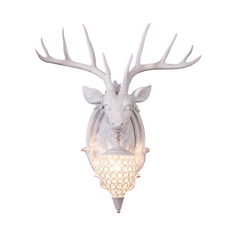 White/Beige/Yellow Deer Wall Lighting Rustic Resin 1 Light Living Room Sconce Lamp with Droplet Crystal Shade Clearhalo 'Wall Lamps & Sconces' 'Wall Lights' Lighting' 232604