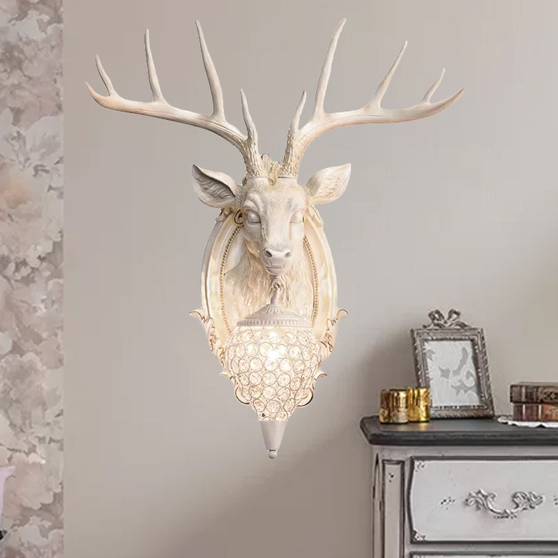 White/Beige/Yellow Deer Wall Lighting Rustic Resin 1 Light Living Room Sconce Lamp with Droplet Crystal Shade Beige Clearhalo 'Wall Lamps & Sconces' 'Wall Lights' Lighting' 232605