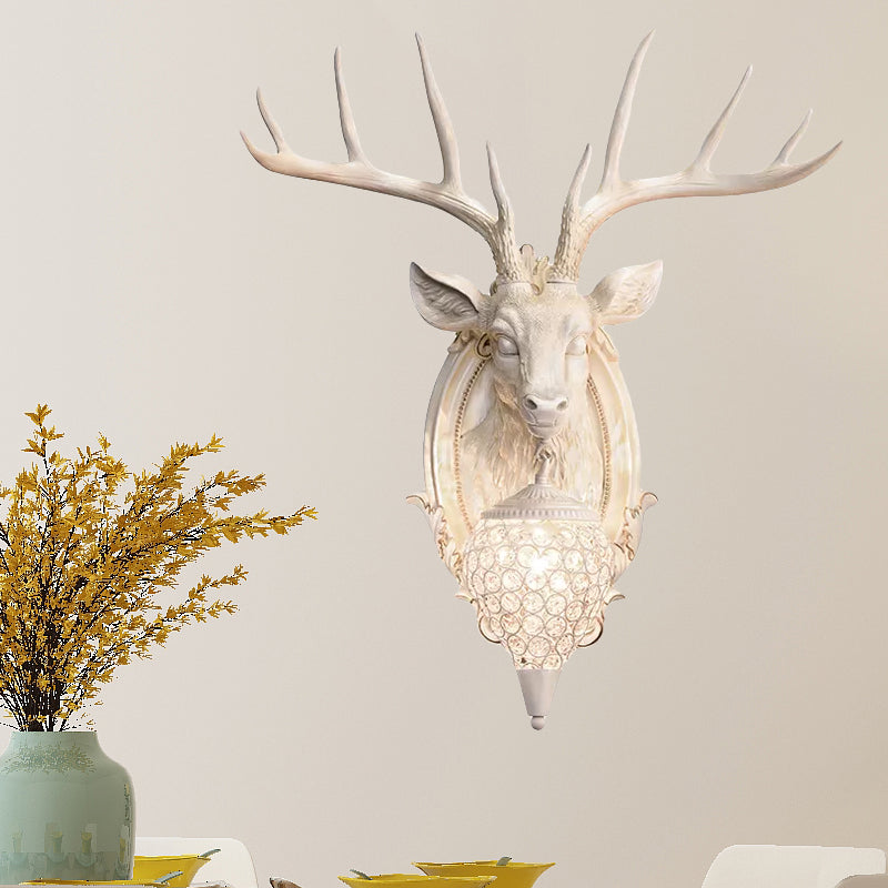 White/Beige/Yellow Deer Wall Lighting Rustic Resin 1 Light Living Room Sconce Lamp with Droplet Crystal Shade Clearhalo 'Wall Lamps & Sconces' 'Wall Lights' Lighting' 232607