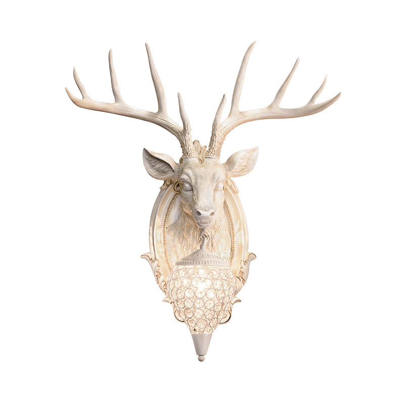 White/Beige/Yellow Deer Wall Lighting Rustic Resin 1 Light Living Room Sconce Lamp with Droplet Crystal Shade Clearhalo 'Wall Lamps & Sconces' 'Wall Lights' Lighting' 232608