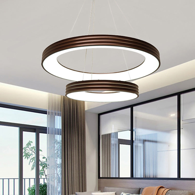 Modern 2-Tier Ring Pendant Chandelier Metal Led Living Room Hanging Ceiling Light in Brown, White/Warm/Natural Light Brown Clearhalo 'Ceiling Lights' 'Chandeliers' 'Modern Chandeliers' 'Modern' Lighting' 232609