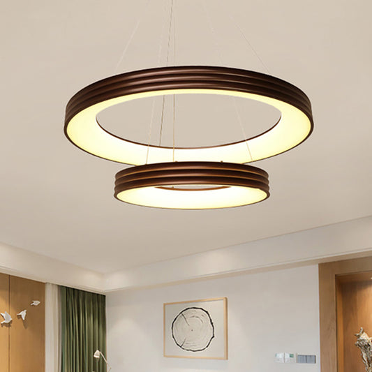 Modern 2-Tier Ring Pendant Chandelier Metal Led Living Room Hanging Ceiling Light in Brown, White/Warm/Natural Light Clearhalo 'Ceiling Lights' 'Chandeliers' 'Modern Chandeliers' 'Modern' Lighting' 232610