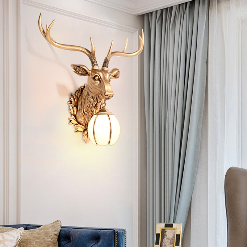 Gold Deer Head Shaped Sconce Light Country Resin 17"/25" W 1 Light Indoor Wall Mount Lighting Gold 25" Clearhalo 'Wall Lamps & Sconces' 'Wall Lights' Lighting' 232618