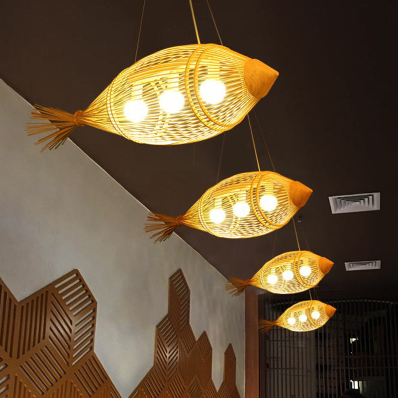 Fish Restaurant Chandelier Pendant Light Bamboo 3-Bulb Asia Hanging Lamp in Wood Clearhalo 'Ceiling Lights' 'Chandeliers' Lighting' options 2326367