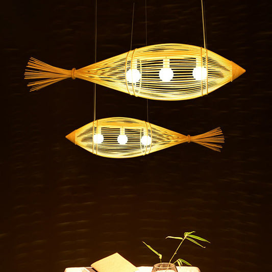 Fish Restaurant Chandelier Pendant Light Bamboo 3-Bulb Asia Hanging Lamp in Wood Clearhalo 'Ceiling Lights' 'Chandeliers' Lighting' options 2326368